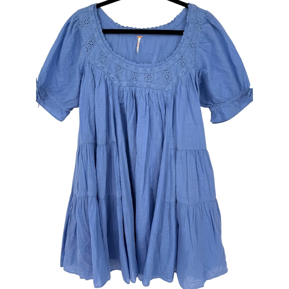Free People Sandy Shores Tiered Babydoll Mini Dress Cornflower Blue Size Medium - Picture 4 of 13
